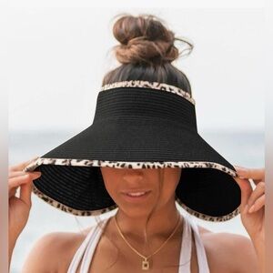 NWT Black Sun Visor with Leopard Trim